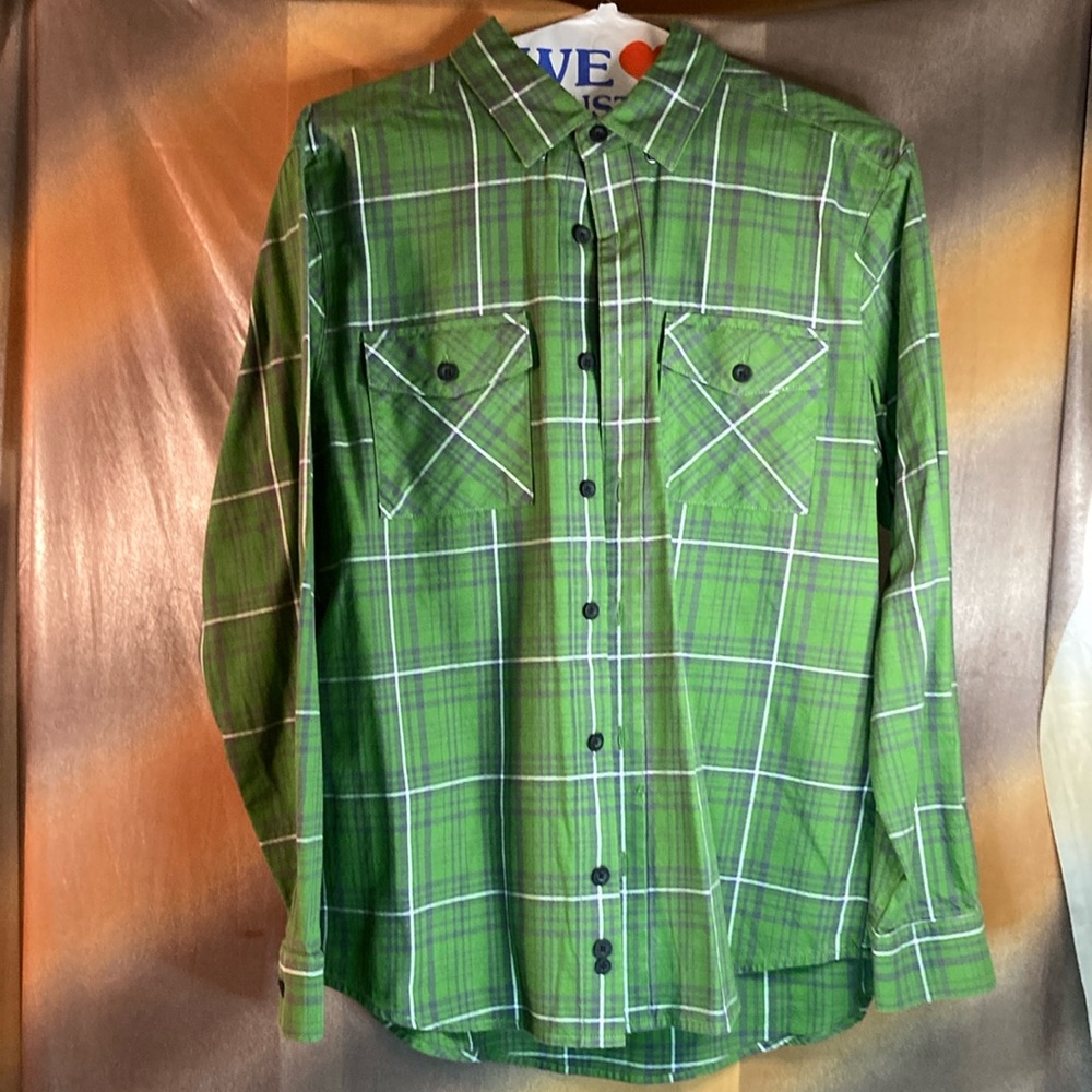 Green plaid Harley-Davidson Large‎ shirt. 44” chest. 350. Freshly dry-cleaned